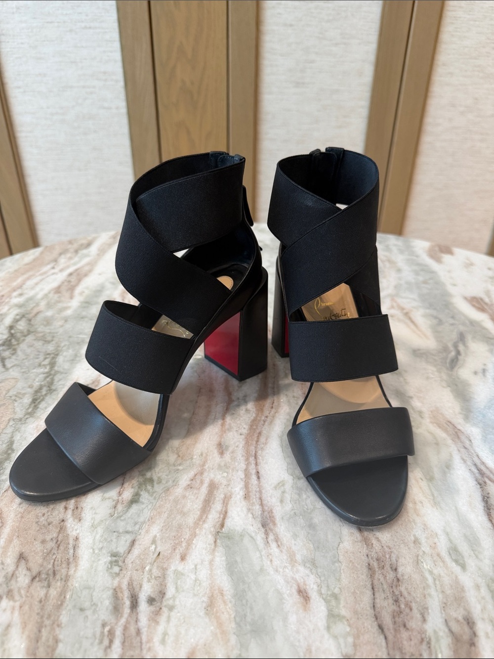 Christian Louboutin Black Strappy Block Heel Sandals with Signature Red Sole